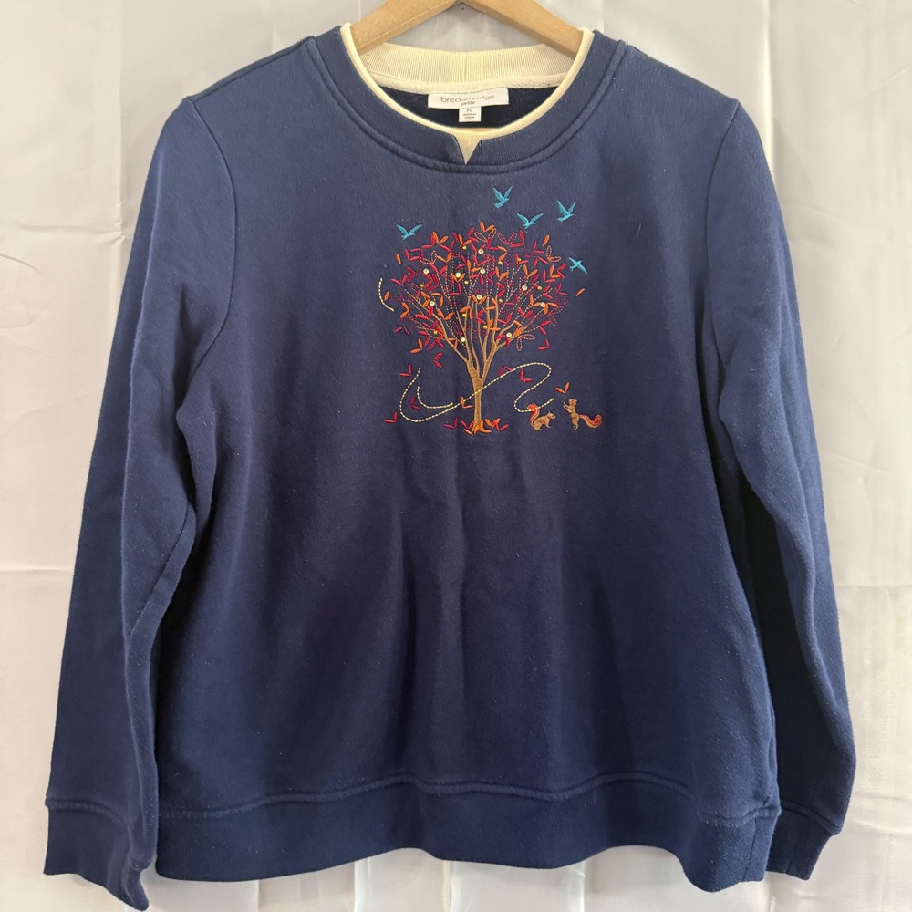 Vtg Breckenridge Navy Blue Embroidered Tree Squirrel Bird Sweatshirt PL grandma